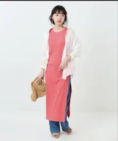 【新品タグ付き】ピンク リブ編み ロングワンピース サイドスリット定価5,995