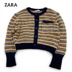 ZARA ザラ ニットカーディガン クロップド丈 ボーダー 総柄 イエロー XL