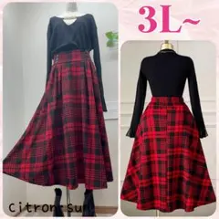 新品✿3L~”チェック 赤 ボタンデザイン フレアロングスカート 大きいサイズ