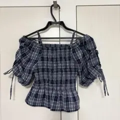 EMS 2wayオフショルダー ネイビー系チェックシャツ Fサイズ