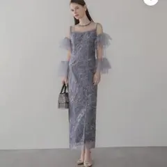 LEJA フリルチュールスリーブレースIラインワンピースドレス