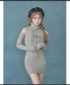 グレー ケーブル編み ニットワンピース
