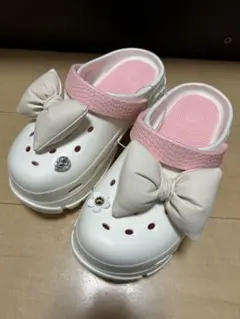 リボン付きホワイトピンククロッグサンダル LLサイズ
