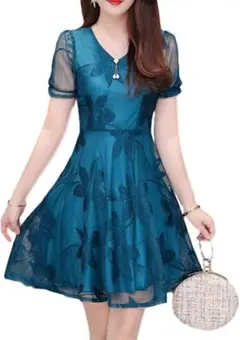 花柄 シースルー ワンピース ドレス Vネック 半袖 膝上 二次会 結婚式