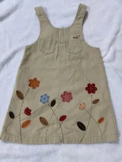 ミキハウス　100 花柄刺繍 ベージュ ジャンバースカート