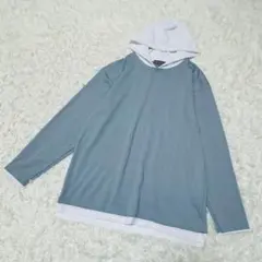 【しまむら】✨フード付き長袖シャツ✨ パーカー ストライプ ストレッチ 青 M