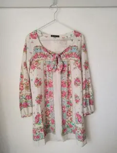 ラボラトリーワーク　長袖　春　花柄　ワンピース　チュニック　М　くるみボタン