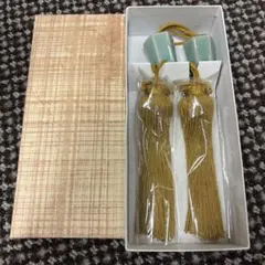 風鎮 青磁 四角 陶器製 掛け軸 重り 和室 床の間 保管箱付き 当時物