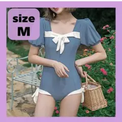 レディース 水着 ワンピース水着 3点セット レトロ 青 M 韓国