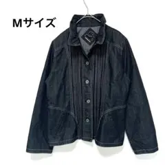 襟付きデニムジャケット 長袖 ストライプデザイン M ポケット付き 黒 M 綿混