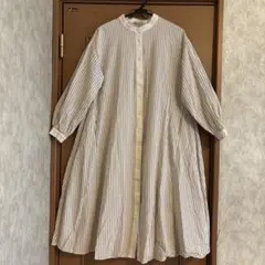 サマンサモスモス　バンドカラーストライプワンピース　起毛タイプ　ベージュ　美品