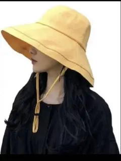 夏にUVカット帽子 レディース ハット　黄色UPF50+ つば広　顎紐付き
