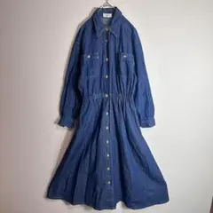 シャツワンピース　デニムワンピース　レトロ調マキシ丈　フレア　ブルー　ギャザーM