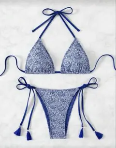 【美品】海外 水着 ビキニ インポート 韓国 ブルー ボタニカル柄リゾート