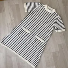 【ザラ】膝丈ニットワンピース　半袖　ボーダー　コットン　クルーネック　オシャレ