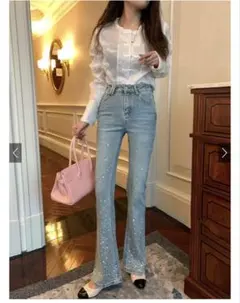 ビジューデニムフレアパンツ[at2310]