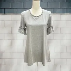 フリル袖 パール装飾 グレー 半袖 ロング丈 Tシャツ バックレース編み 9