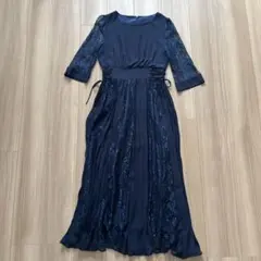 ネイビーレース長袖パーティードレス