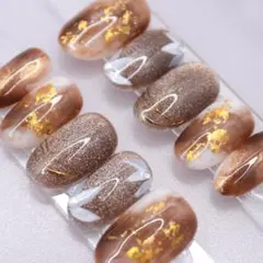 【144】ネイルチップSサイズ ブラウンニュアンス 金箔パール マグネット 花柄