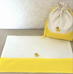 きりん　給食袋とランチョンマット2点セット　黄色ハンドメイド　No.20