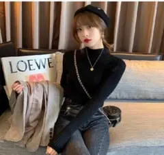 【新品】ボトルネック ハイネック リブニット トップス ブラック