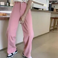 ハイウエストワイドデニムパンツ ピンクパンツ ズボン