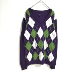 〈トミーヒルフィガー〉長袖ニット　薄手　アーガイル柄　紫系　綿100% М
