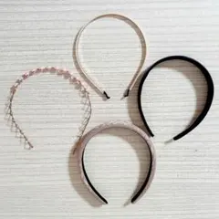 カチューシャ 4点セット　ベージュ　黒　ピンクパール&ビジュー　ホワイトパール