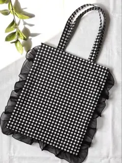 ギンガムチェック　フリルバッグ　トートバッグ　A4 推し活　ハンドメイド