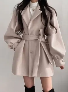 リボンベルト付きボリュームスリーブショートコート