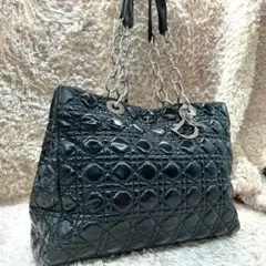 【美品】Dior トートバッグ カナージュ パテント チェーン レザー ブラックのサムネイル