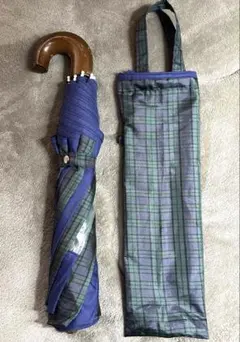 キッズ　子供用　チェック柄 折りたたみ傘 木製ハンドル　袋付き