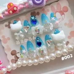 #002 ネイルチップ 青 ゆめかわ 天使の羽 量産型 推し活/猫/リボン