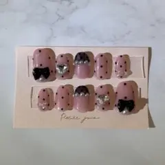 ネイルチップ　現品　ドット　リボン　ガーリー　ワンホン　ちゅるん　ピンク　韓国