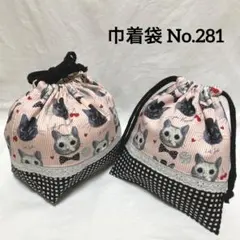 ハンドメイド 巾着袋 お弁当袋 2点セット 猫柄 キャット柄 ピンク 動物柄