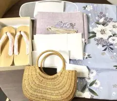 浴衣 帯 下駄 肌襦袢 帯留め バッグ セット 紫 百合 花 水色 かご パール