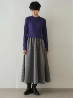 オペークドットクリップ ニット×ドット柄 ドッキングニットワンピース ブルー L