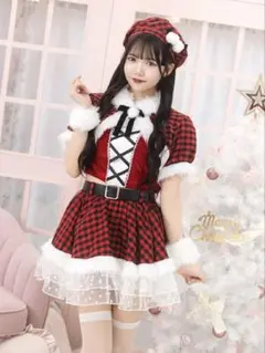 コスプレ　クリスマス　サンタ　アイドルチェック柄　リボン　レッド　フリーサイズ