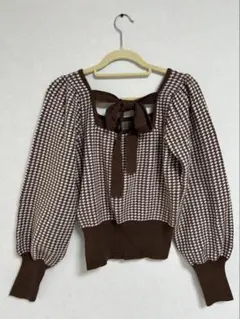 GRL グレイル 千鳥格子柄 スクエアネック バックリボン ニットトップス M