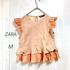ZARA レザー風ノースリーブシャツ　ピンク系　M　フリル