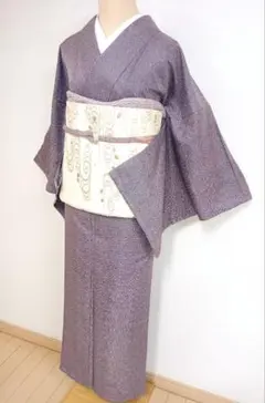 【三花】未使用品　洗える着物　紫　桐生　高級ポリエステル　紗紬　裄68 リユース 三花】未使用品 洗える着物 紫 桐生 高級ポリエステル 紗紬 裄68