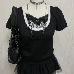 y2k 平成ギャル　姫ギャル　重ね着風パフスリーブトップス　ハートレース飾り付きのサムネイル