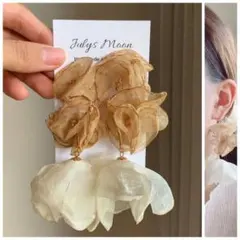 6774アンティークピアスイヤリングゴールド大ぶりフラワーシフォンロングお花韓国