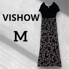 VISHOW【M】ブラック 切り替え花柄ロングワンピース 半袖