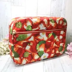 【ハンドメイド】苺柄☆Wファスナーマチ付ポーチ