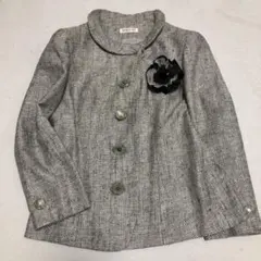 ユキトリイ　ツイードジャケット　グレー　丸襟　サイズL コサージュ付き￼ 絹