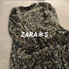 ZARA＊花柄＊黒×メタリック＊長袖＊シフォンフレアワンピース＊S