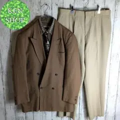 テーラードジャケットセットアップ　ブラウン　ダブル　花柄ネクタイシャツ付　古着