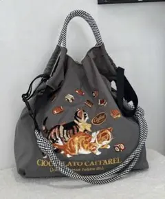ショルダーベルトつき　2WAY 刺繍　エコバッグ　トートバッグ　猫　可愛い