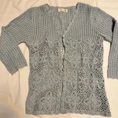 ライトブルー レース編み カーディガン Mサイズ